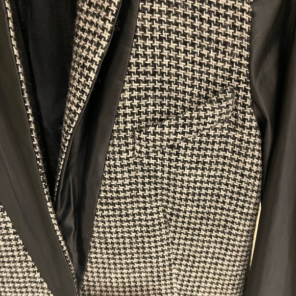 Zara Basic Wool Coat Houndtooth Tweed Faux Leather Sleeves - Picture 7 of 7